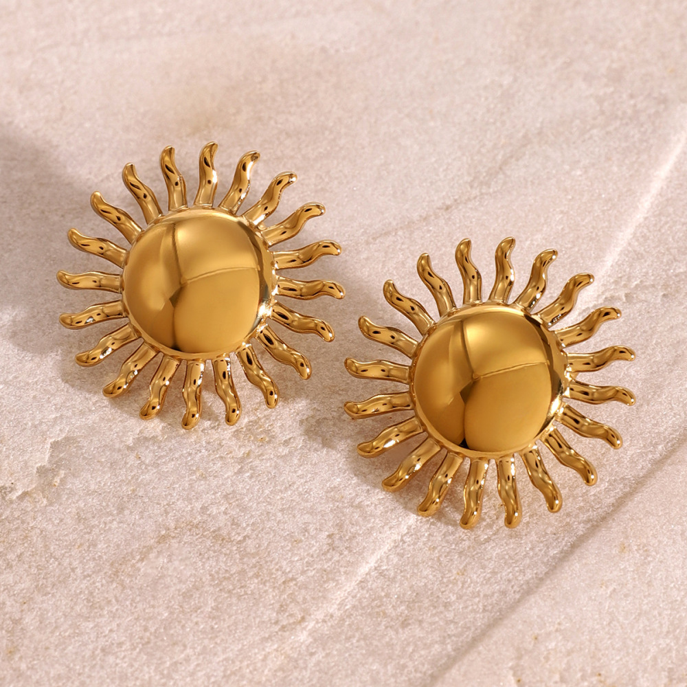 1 Paire De Boucles D'Oreilles Rétro Soleil/Lune En Acier Inoxydable Plaqué Or  Pour Femme Image7