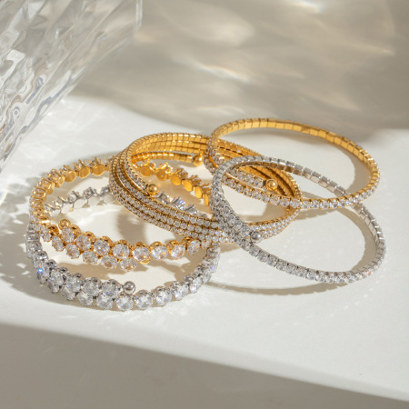 Bracelet Manchette En Acier Inoxydable Étanche Couleur Or Avec Zircon (1 Pièce)