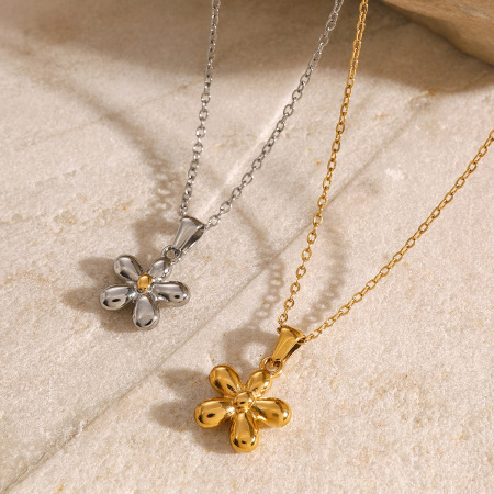 collier avec pendentif en forme de fleur simple, en acier inoxydable plaqué or , pour femme, 1 pièce