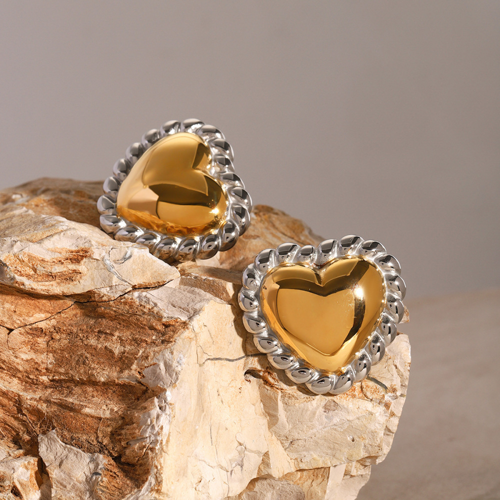 1 Paire De Boucles D'Oreilles À Tige Élégantes En Forme De Cœur, Série Simple, En Acier Inoxydable Plaqué Or , Pour Femme h5Image2