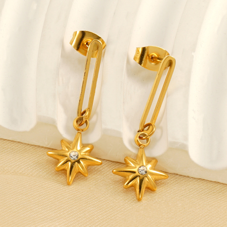 1 paire de boucles d'oreilles pendantes classiques en acier inoxydable plaqué or et zircon pour femme