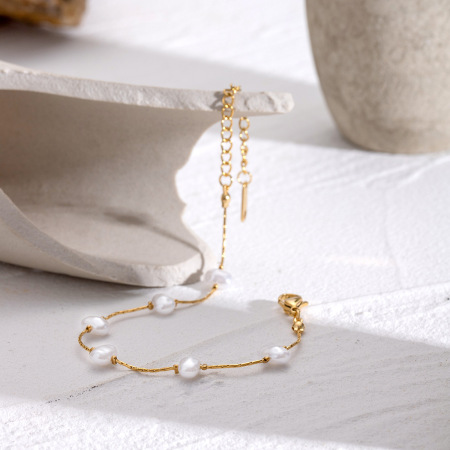 bracelet chaîne élégant géométrique en acier inoxydable plaqué or avec perles artificielles pour femme, série classique, 1 pièce 2