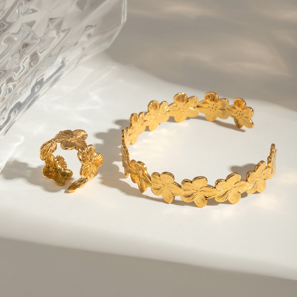 Bracelet Simple En Acier Inoxydable Plaqué Or Pour Femme, Motif Fleur Rétro, 1 Pièce Image3