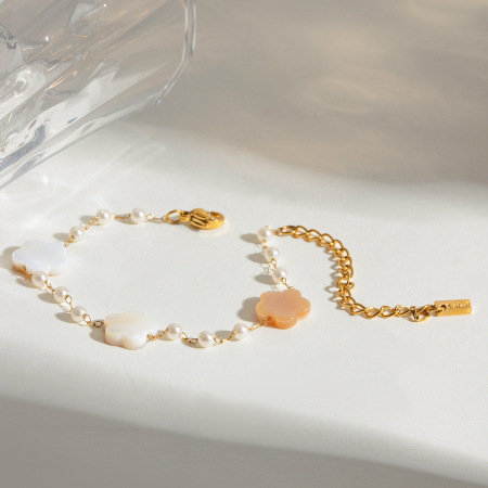 bracelet de perles pour femme en acier inoxydable plaqué or , série simple, motif fleur douce 2