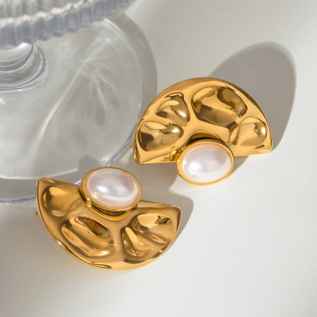 1 paire de boucles d'oreilles à tige géométriques rétro en acier inoxydable plaqué or avec perles artificielles pour femmes