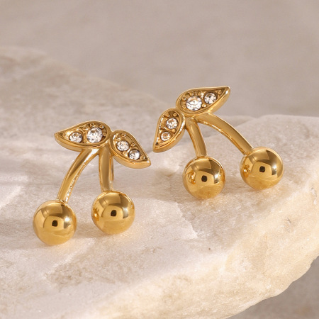 1 paire de boucles d'oreilles à tige en acier inoxydable plaqué or  et zircon pour femme, série simple sweet plant 2