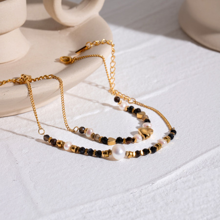 bracelet à breloques pour femme, série simple, perles élégantes, en acier inoxydable plaqué or , pierre naturelle
