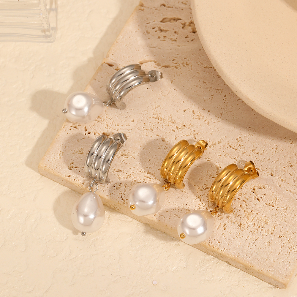 1 Paire De Boucles D'Oreilles Pendantes Géométriques Rétro Plaquées Or Avec Perles Artificielles Image3
