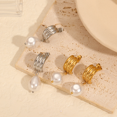 1 paire de boucles d'oreilles pendantes géométriques rétro plaquées or avec perles artificielles 2
