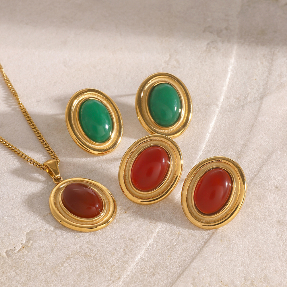 Collier Avec Pendentif Géométrique Rétro En Acier Inoxydable Plaqué Or , Série Romantique, Avec Pierres Précieuses Artificielles, Pour Femme h5Image2