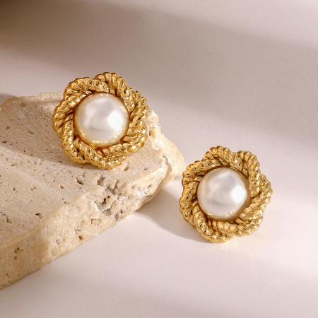 1 paire de boucles d'oreilles à tige élégantes en acier inoxydable plaqué or  pour femme, série classique