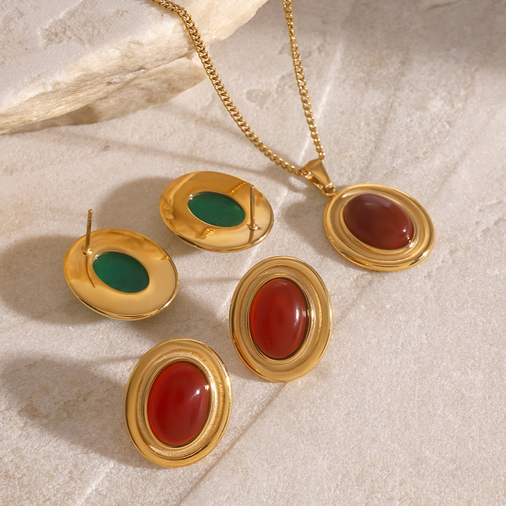 Collier Avec Pendentif Géométrique Rétro En Acier Inoxydable Plaqué Or , Série Romantique, Avec Pierres Précieuses Artificielles, Pour Femme h5Image3