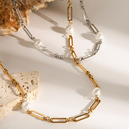 Collier Élégant En Acier Inoxydable Plaqué Or  Avec Perles Artificielles Pour Femme, Série Simple, Élégant Et Géométrique