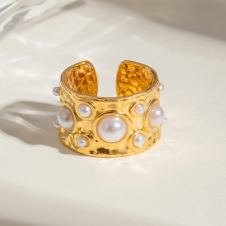 1 paire de bagues ajustables rétro géométriques en acier inoxydable plaqué or avec perles artificielles pour femme, série classique
