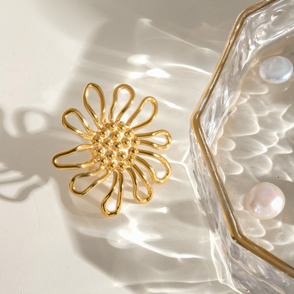 1 Paire De Bagues Ajustables Pour Femme En Acier Inoxydable Plaqué Or , Motif Fleur Élégante, Série Simple Image3