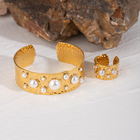 1 paire de bagues ajustables rétro géométriques en acier inoxydable plaqué or avec perles artificielles pour femme, série classique 2
