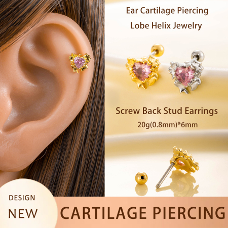 Boucles d'oreilles piercing pour femme, 1 pièce, série Simple Heart, en acier titane sans placage, avec zircon.
