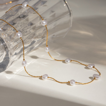 collier chaîne géométrique en acier inoxydable plaqué or avec perles artificielles pour femme, série simple, 1 pièce