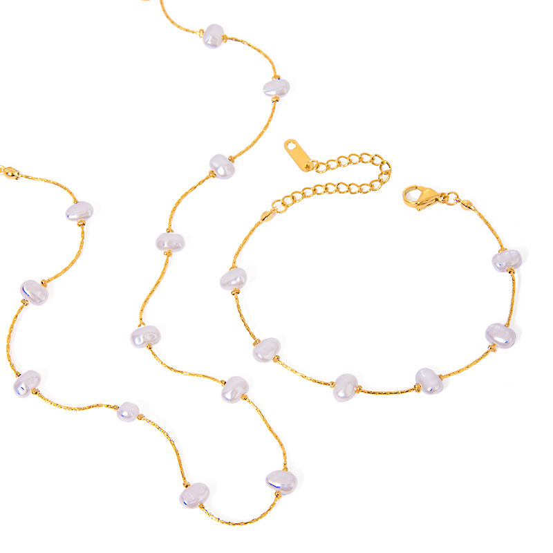 Bracelet Chaîne Élégant Géométrique En Acier Inoxydable Plaqué Or  Avec Perles Artificielles Pour Femme, Série Classique, 1 Pièce Image6