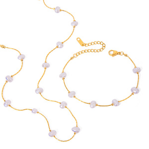 Bracelet Chaîne Élégant Géométrique En Acier Inoxydable Plaqué Or  Avec Perles Artificielles Pour Femme, Série Classique, 1 Pièce h5 Image6