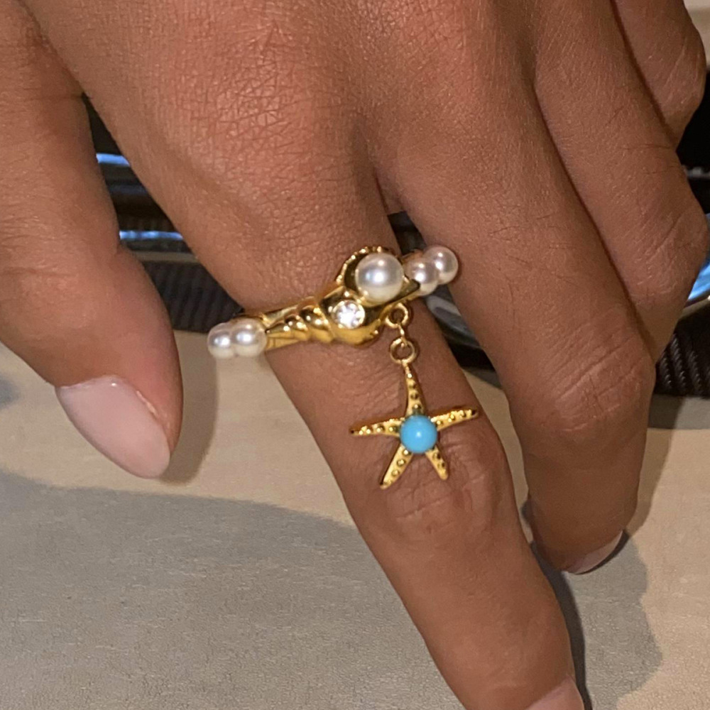 1 Paire De Bagues Simples Pour Femme, Série Ethnique, Motif Tortue Rétro, En Acier Inoxydable Plaqué Or , Avec Perles Artificielles h5Image3