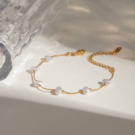 bracelet chaîne élégant géométrique en acier inoxydable plaqué or avec perles artificielles pour femme, série classique, 1 pièce