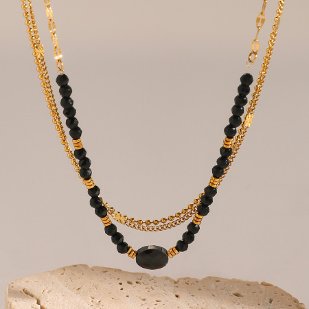 colliers superposés pour femmes, série simple, perles élégantes, en acier inoxydable plaqué or , pierres naturelles