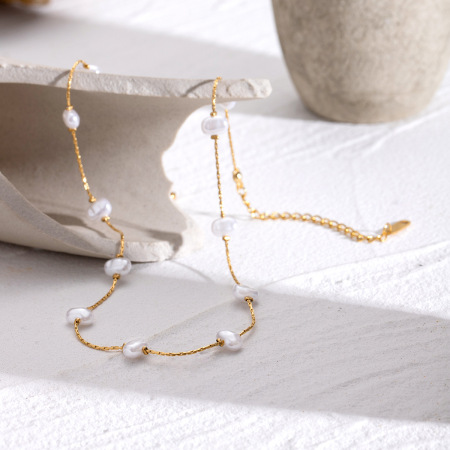 collier chaîne géométrique en acier inoxydable plaqué or avec perles artificielles pour femme, série simple, 1 pièce 2