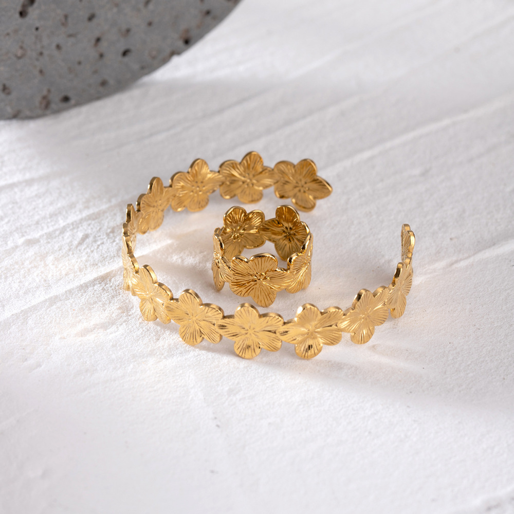 Bracelet Simple En Acier Inoxydable Plaqué Or Pour Femme, Motif Fleur Rétro, 1 Pièce Image4