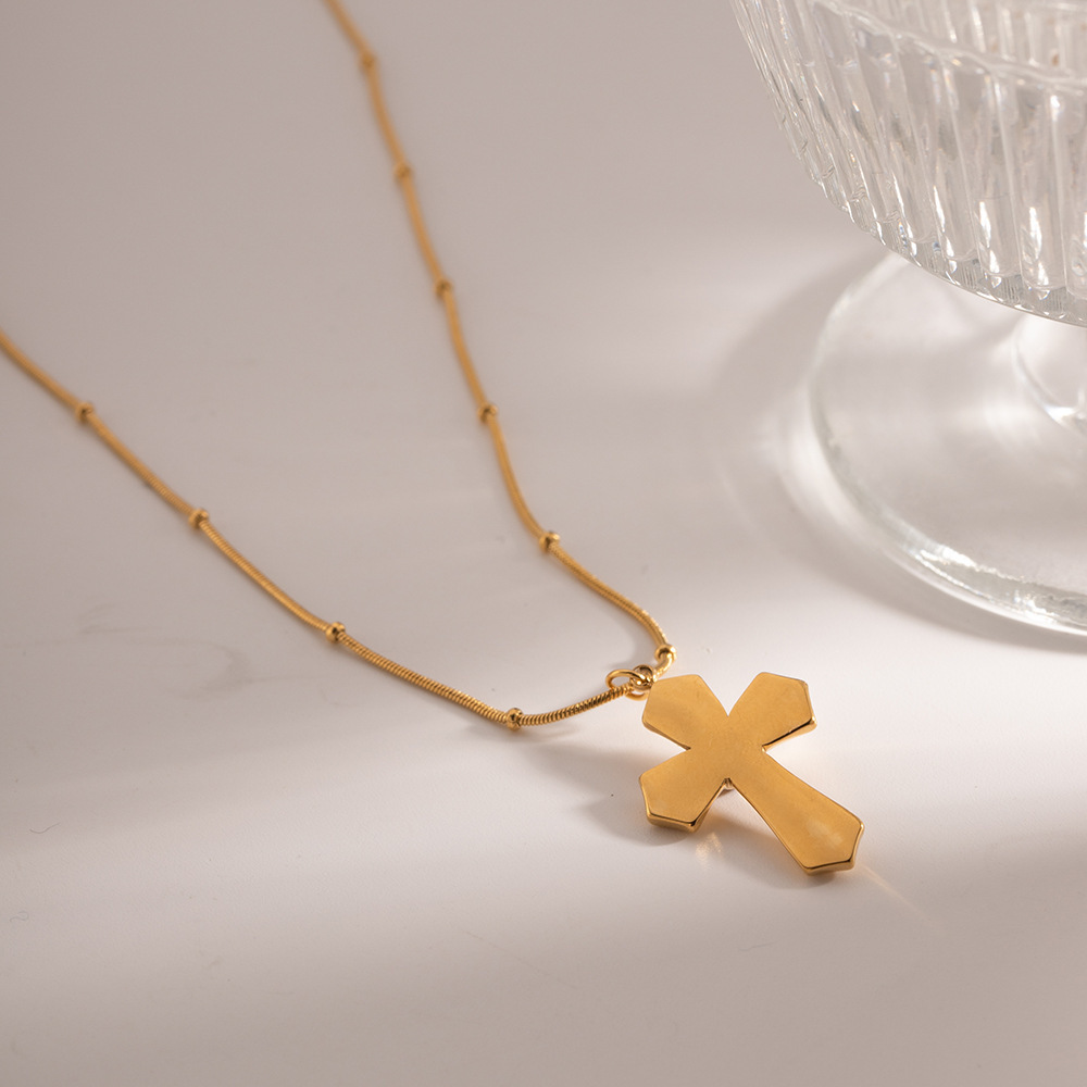 Collier Avec Pendentif Croix En Acier Inoxydable Plaqué Or Et Pierre Naturelle Pour Femme, Série Simple, Style Ins Image5
