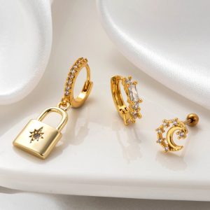 Boucles D'Oreilles Piercing Femme Simple Series Classic Soleil/Lune En Cuivre Sans Placage Avec Zircon h5 Image3