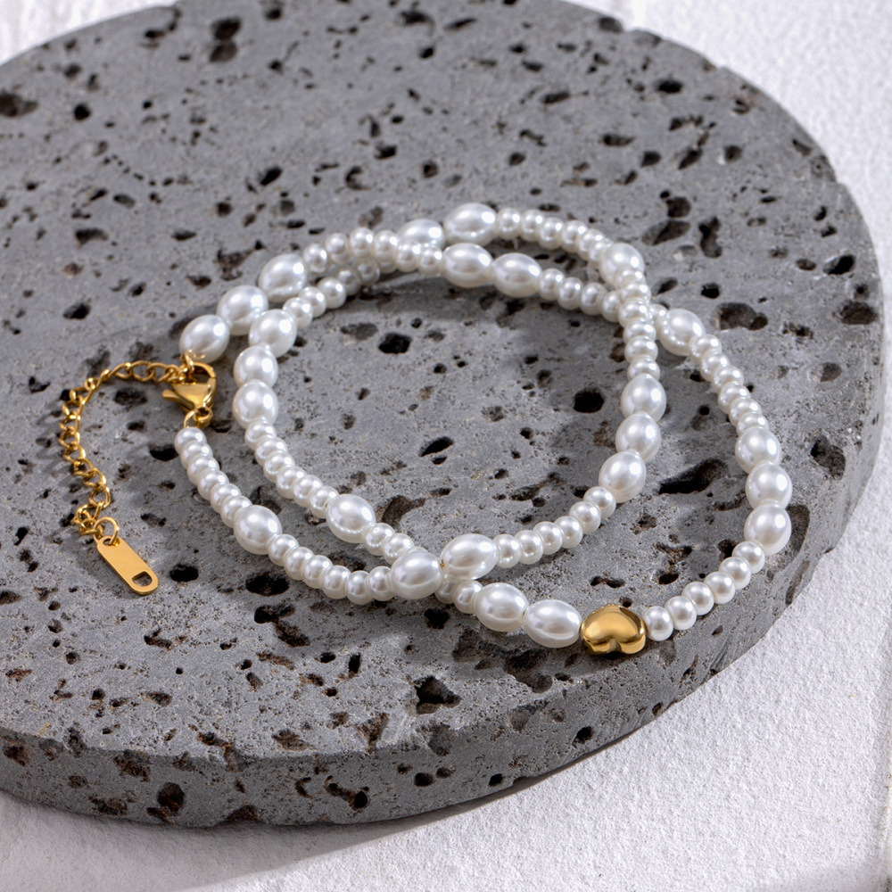 Collier De Perles Rétro En Acier Inoxydable Plaqué Or , Série Classique, Perles Artificielles Pour Femmes h5Image4