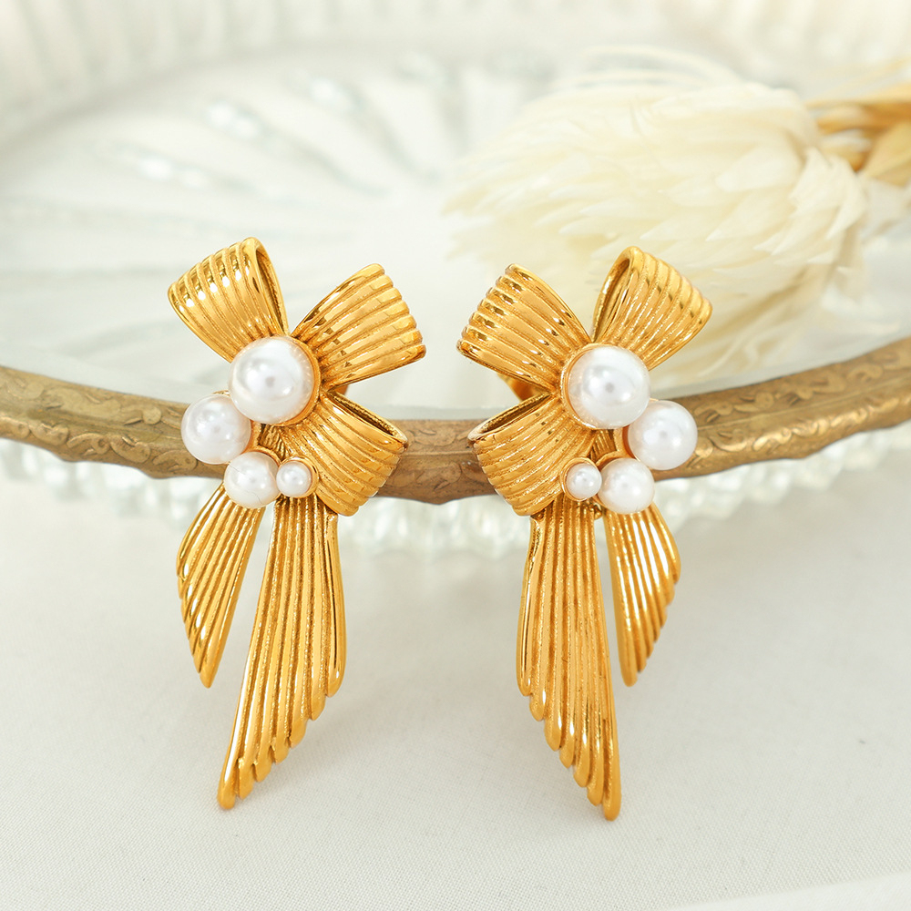 1 Paire De Boucles D'Oreilles Puces Rétro Classiques En Acier Inoxydable Plaqué Or Avec Nœud Papillon Et Perles Artificielles Pour Femme Image6