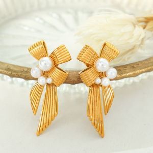 1 Paire De Boucles D'Oreilles Puces Rétro Classiques En Acier Inoxydable Plaqué Or Avec Nœud Papillon Et Perles Artificielles Pour Femme h5 Image6