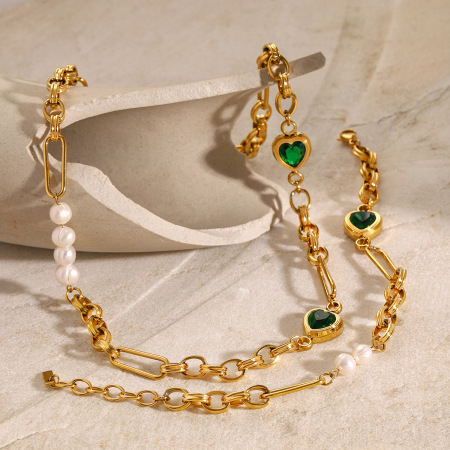 collier chaîne pour femme en acier inoxydable plaqué or  avec perles artificielles, série simple, cœur doux 2