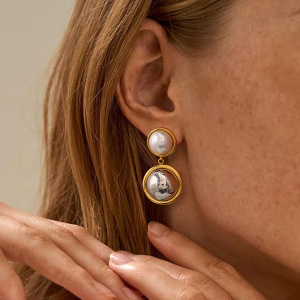 1 Paire De Boucles D'Oreilles Pendantes Rondes En Acier Inoxydable Plaqué Or  Pour Femmes, Série Simple , Avec Perles Artificielles h5 Image5