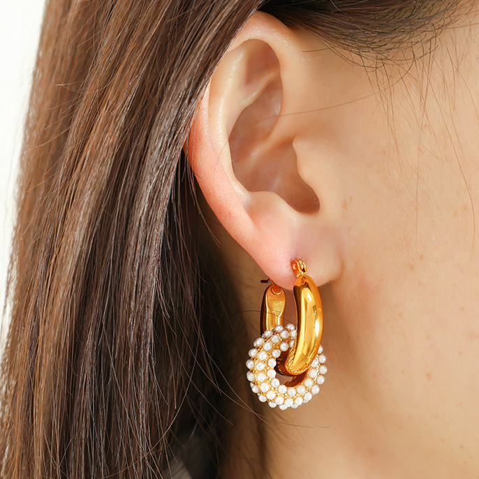 1 Paire De Boucles D'Oreilles Créoles Rétro Géométriques En Acier Inoxydable Plaqué Or  Avec Zircons Pour Femmes Image4