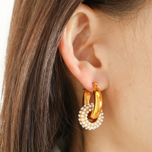 1 Paire De Boucles D'Oreilles Créoles Rétro Géométriques En Acier Inoxydable Plaqué Or  Avec Zircons Pour Femmes h5 Image4