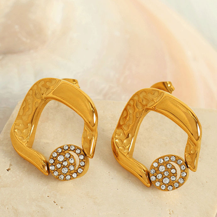 1 Paire De Boucles D'Oreilles Puces Pour Femme, Style Rétro Géométrique Classique, En Acier Inoxydable Plaqué Or Et Strass. Image6