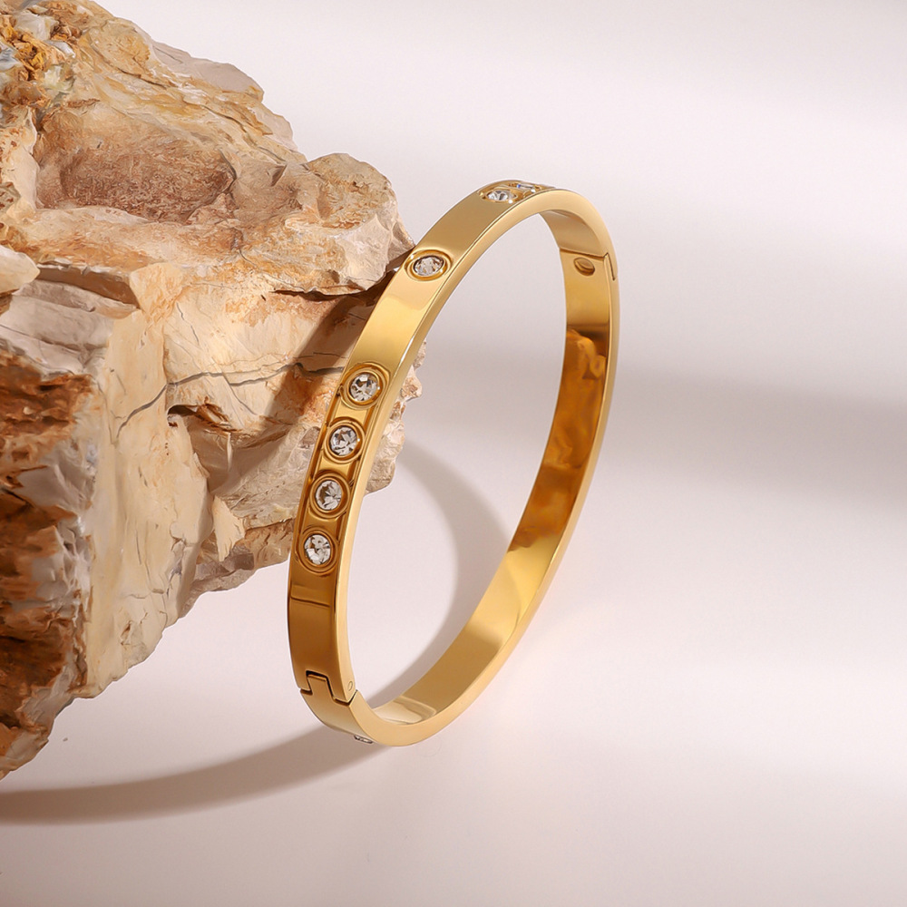 Bracelet Rond En Acier Inoxydable Plaqué Or  Avec Strass Pour Femme, Série Simple , 1 Pièce Image3