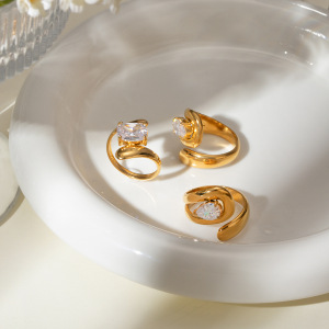 Bague Simple Pour Femme, Collection De Luxe, En Acier Inoxydable Doré, Imperméable, Ornée De Strass, De Forme Irrégulière. h5 Image3