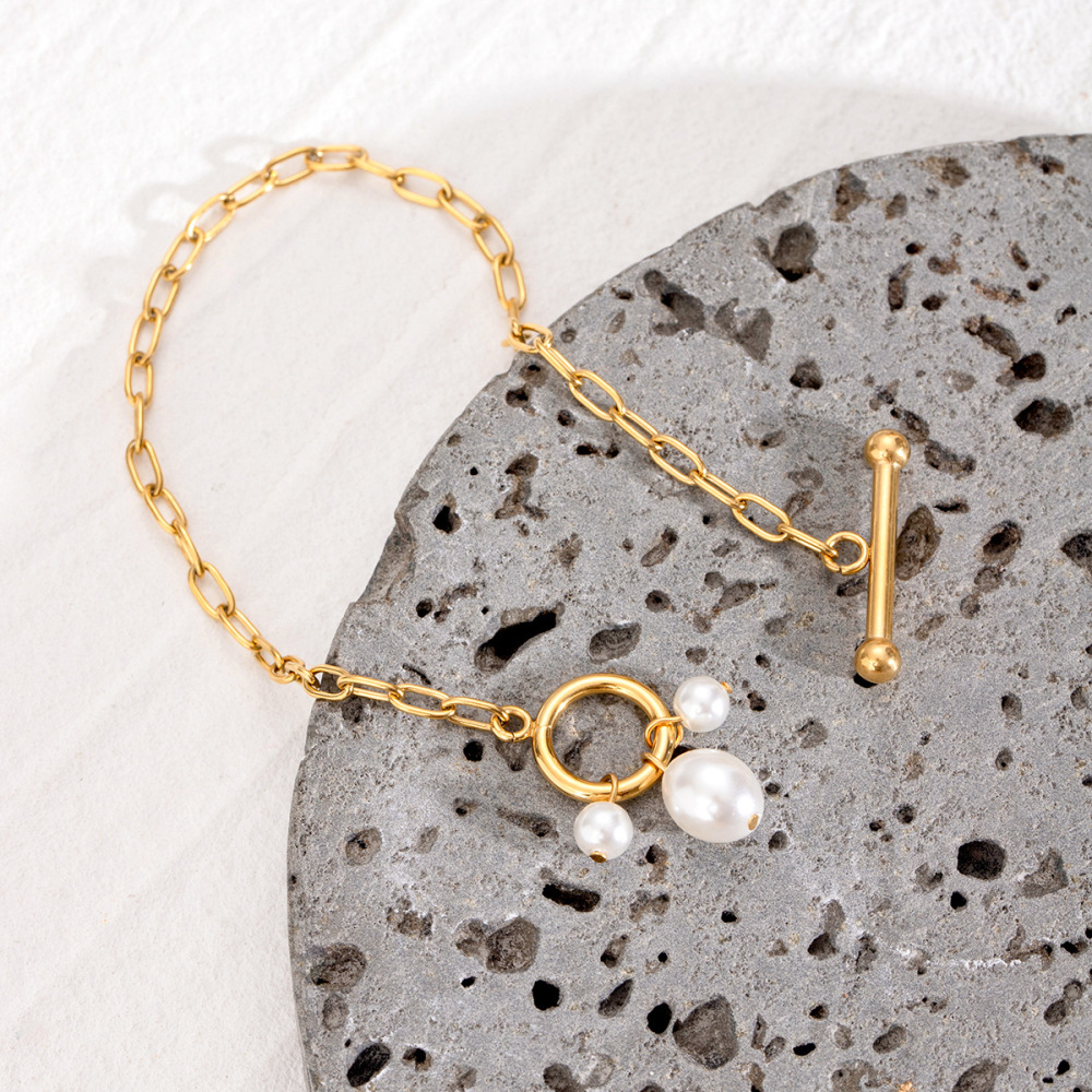 Bracelet À Breloques Géométrique En Acier Inoxydable Plaqué Or  Avec Perles Artificielles Pour Femme, Série Simple, 1 Pièce Image5