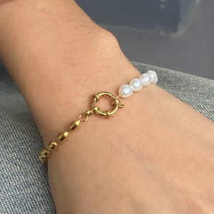 Bracelet De Perles Artificielles Ovales En Acier Inoxydable Plaqué Or Pour Femme, Série Classique , 1 Pièce h5 Image4