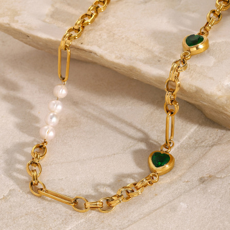 collier chaîne pour femme en acier inoxydable plaqué or  avec perles artificielles, série simple, cœur doux
