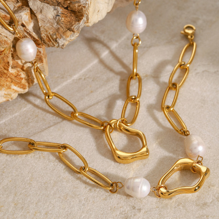 collier élégant avec pendentif géométrique en acier inoxydable plaqué or  et perles artificielles pour femme, série classique, 1 pièce 2