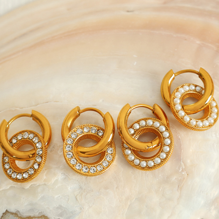 1 Paire De Boucles D'Oreilles Puces Pour Femme, Style Rétro Géométrique Classique, En Acier Inoxydable Plaqué Or Et Strass. Image4