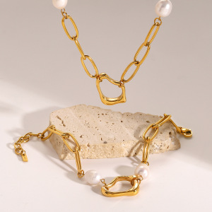 Bracelet Chaîne Élégant Géométrique En Acier Inoxydable Plaqué Or  Avec Perles Artificielles Pour Femme, Série Simple, 1 Pièce h5 Image4