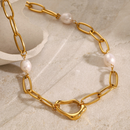 collier élégant avec pendentif géométrique en acier inoxydable plaqué or  et perles artificielles pour femme, série classique, 1 pièce