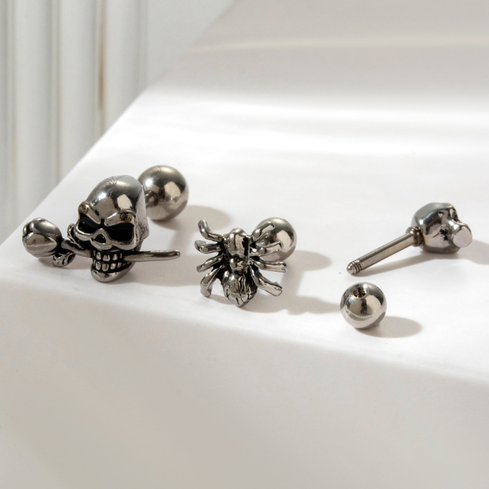 Boucles D'Oreilles Piercing Pour Femme, Modèle Classique Tête De Mort, En Acier Titane Sans Placage (1 Pièce), Collection Simple. Image7