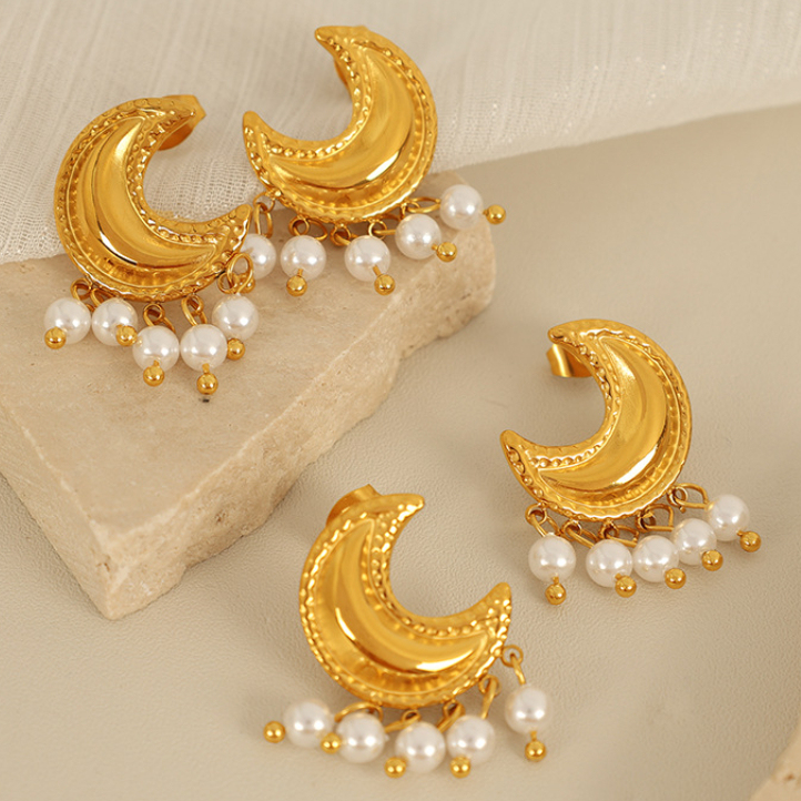 1 Paire De Boucles D'Oreilles À Tige Rétro Soleil/Lune En Acier Inoxydable Plaqué Or  Avec Perles Artificielles Pour Femme Image3